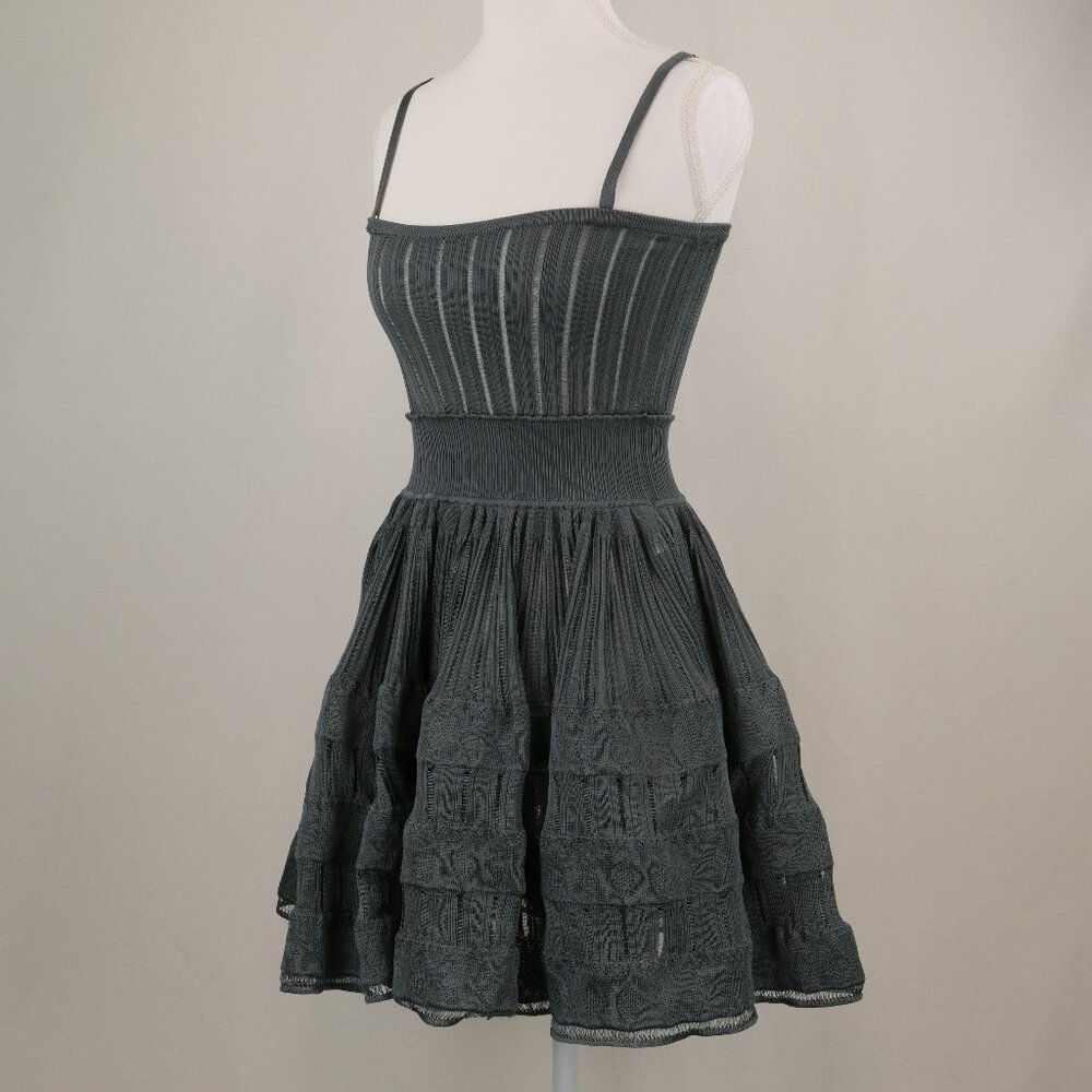 Alaia Crinoline Knit A-Line Square-Neck Mini Dress, Blue Grey, Size FR 36, Small